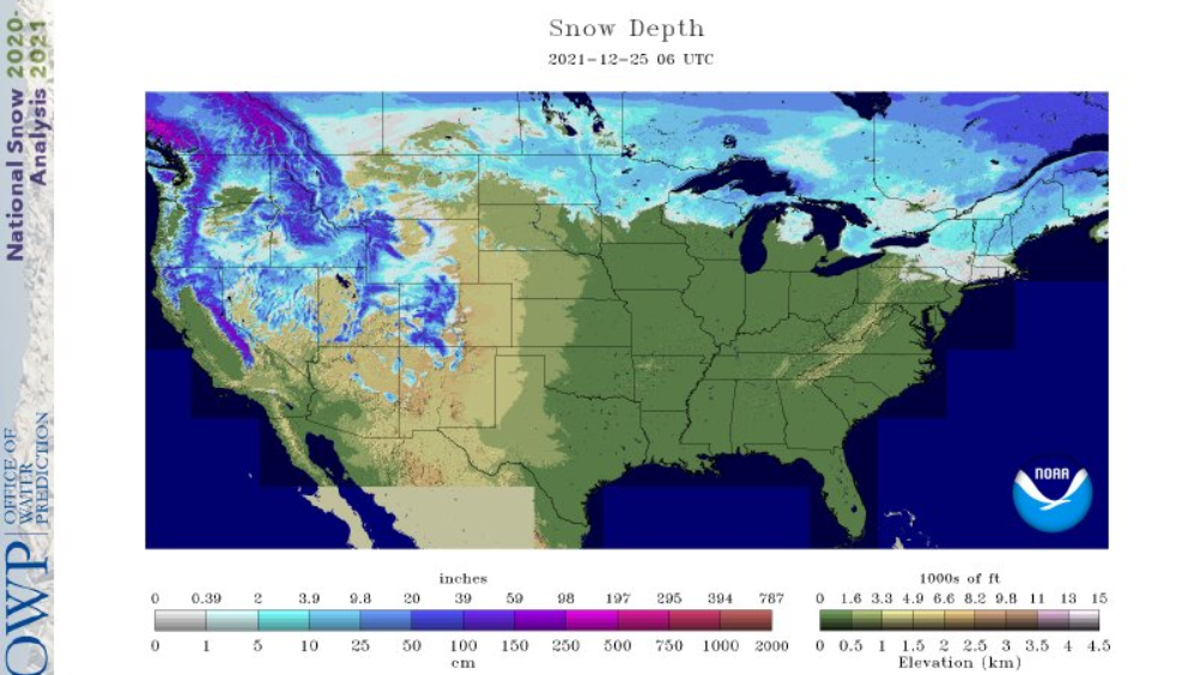 A map shows the areas of the United States with snow on the ground on Christmas Day, 2021. (National Oceanic and Atmospheric Administration)