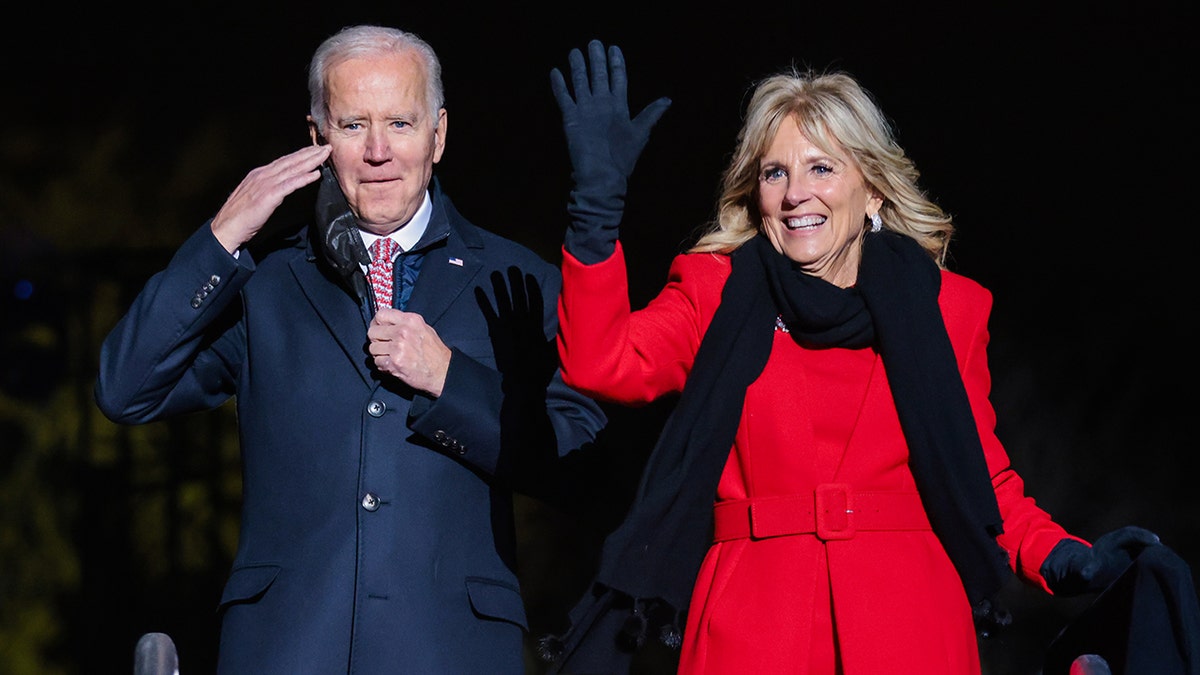 President Joe Biden, left, and First Lady Jill Biden attend the National Christmas Tree lighting 
