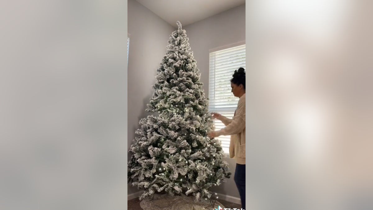 In the video, Weatherbee reveals that instead of wrapping the Christmas lights around the tree, people can just hang lights back and forth and up the front of the tree. (Courtesy of Tamara Weatherbee/@tamara_weatherbee)