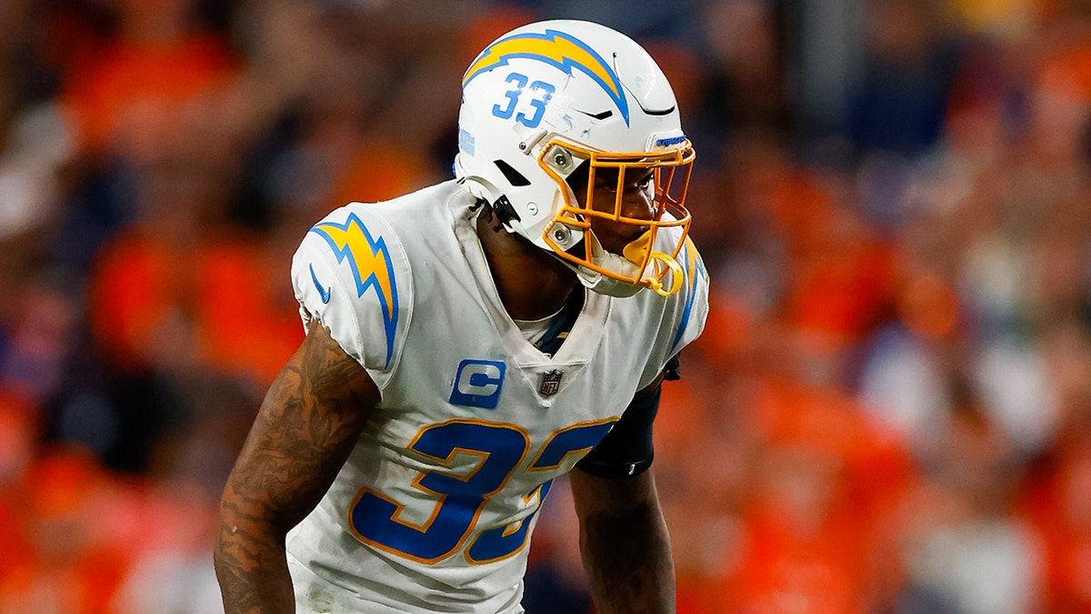 Free safety Derwin James of the Los Angeles Chargers defends during the second half against the Denver Broncos at Empower Field at Mile High on Nov. 28, 2021, in Denver, Colorado.