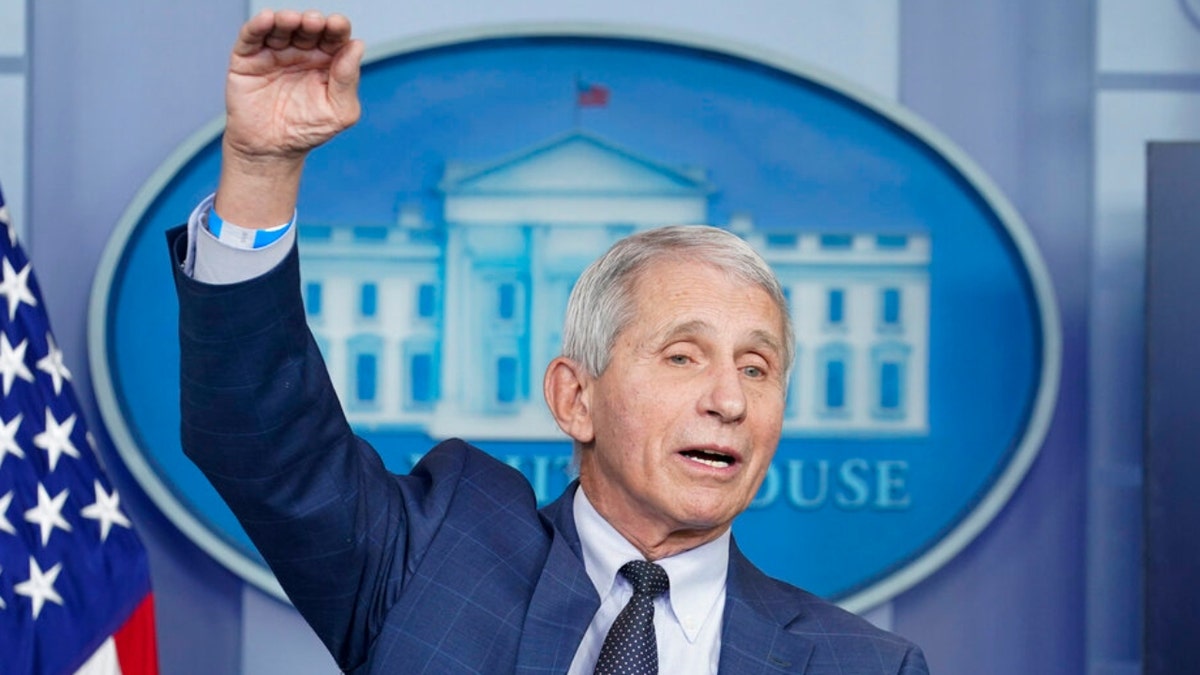 Dr. Anthony Fauci, director of the National Institute of Allergy and Infectious Diseases, speaks during the daily briefing at the White House in Washington