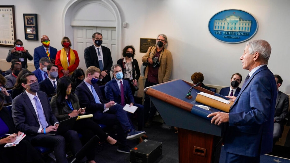 Dr. Anthony Fauci, director of the National Institute of Allergy and Infectious Diseases, speaks during the daily briefing at the White House in Washington, Wednesday, Dec. 1, 2021. 