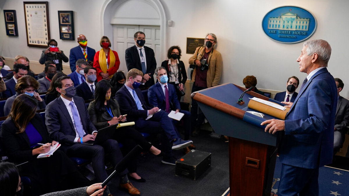 Dr. Anthony Fauci, director of the National Institute of Allergy and Infectious Diseases, speaks during the daily briefing at the White House in Washington, Wednesday, Dec. 1, 2021.