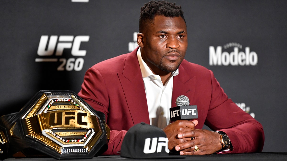 Francis Ngannou of Cameroon interacts with media after his victory over Stipe Miocic during the UFC 260 event at UFC APEX on March 27, 2021 in Las Vegas, Nevada.