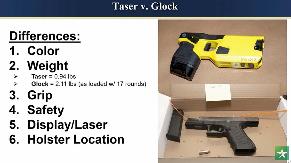 Image provided by the prosecution shows the difference between a Taser and a Glock as the state delivers their opening statement Dec. 8, 2021, in the trial of former Brooklyn Center police officer Kim Potter in Minneapolis, Minnesota