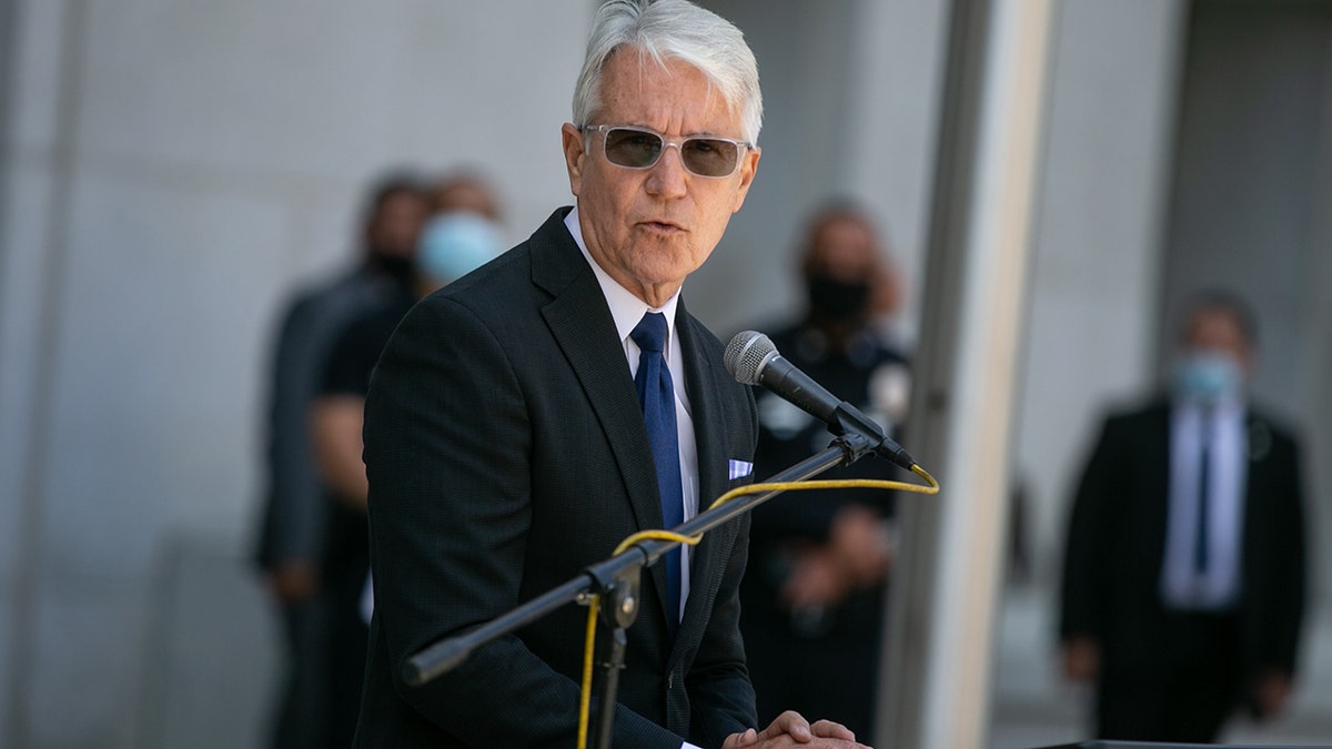 Los Angeles County District Attorney George Gascón and Los Angeles Police Chief Michel Moore along with community leaders discuss community violence reduction efforts in Los Angeles on Wednesday, June 30, 2021 in Los Angeles.