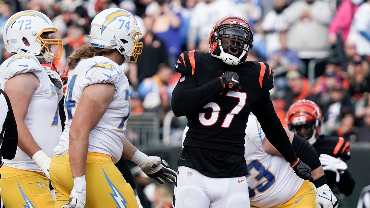 Bengals' Germaine Pratt reacts after a tackle against the Los Angeles Chargers, Sunday, Dec. 5, 2021, in Cincinnati.