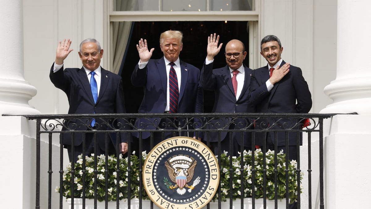 Benjamin Netanyahu, left, and then-President Trump stand during an Abraham Accords signing ceremony event on the South Lawn of the White House in Washington, D.C., U.S., on Tuesday, Sept. 15, 2020. 