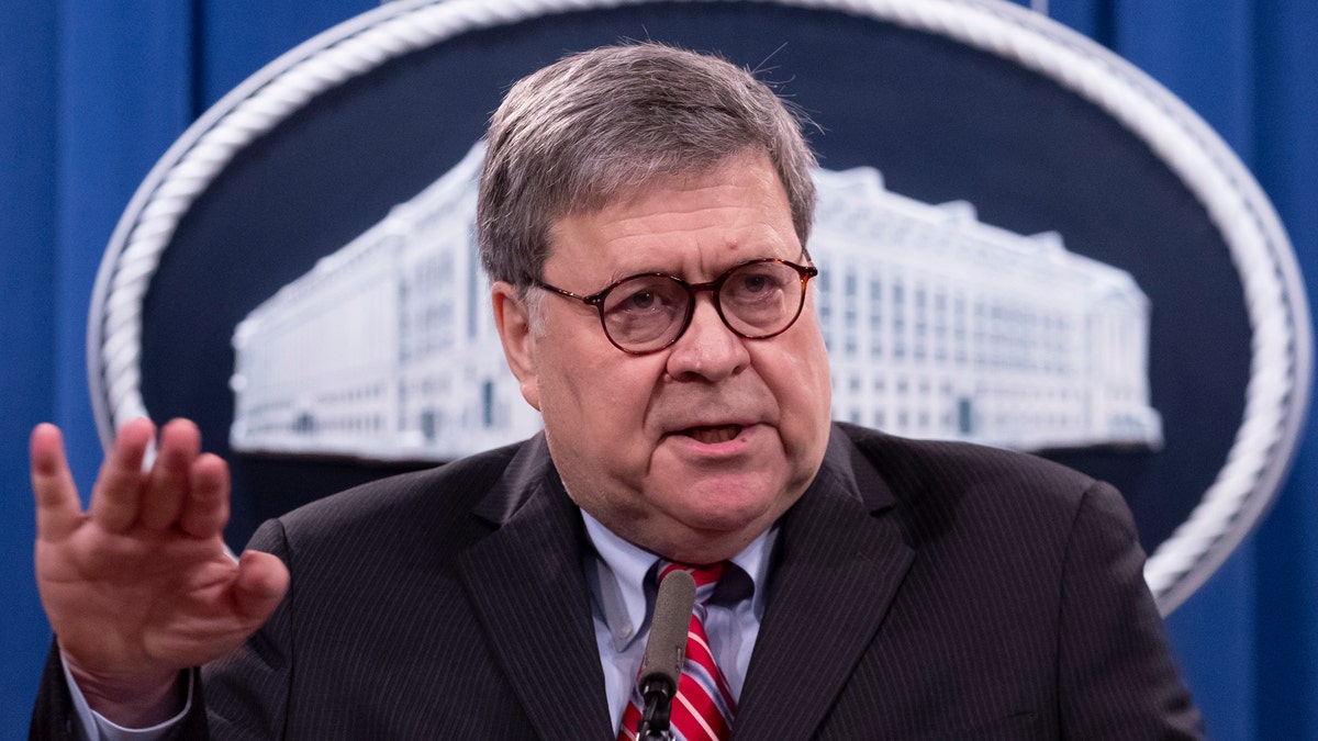 Attorney General Bill Barr holds a news conference in 2020 in Washington.