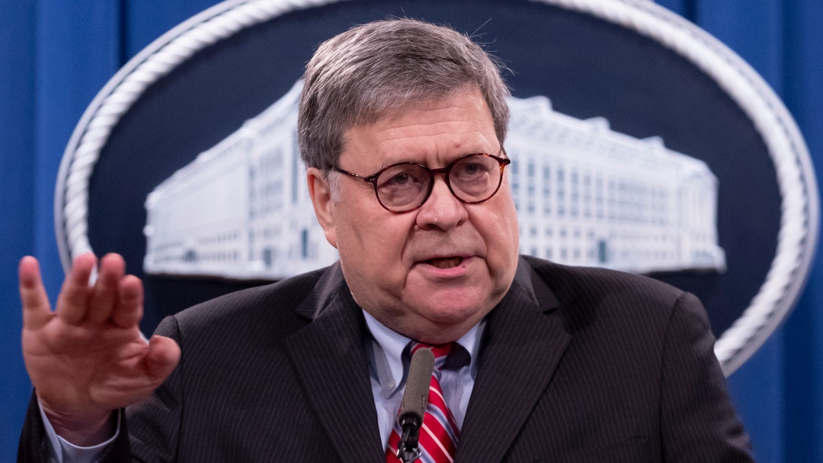 Attorney General Bill Barr holds a news conference in 2020 in Washington.