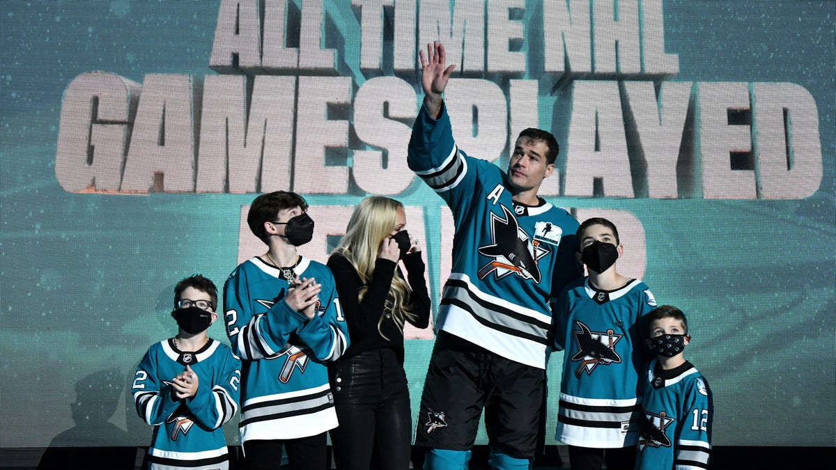 Patrick Marleau of the San Jose Sharks and his family look up at the video board as he is honored for having passed Gordie Howe on the NHL's all-time games played list before the game against the Minnesota Wild at SAP Center on April 24, 2021, in San Jose, California. 