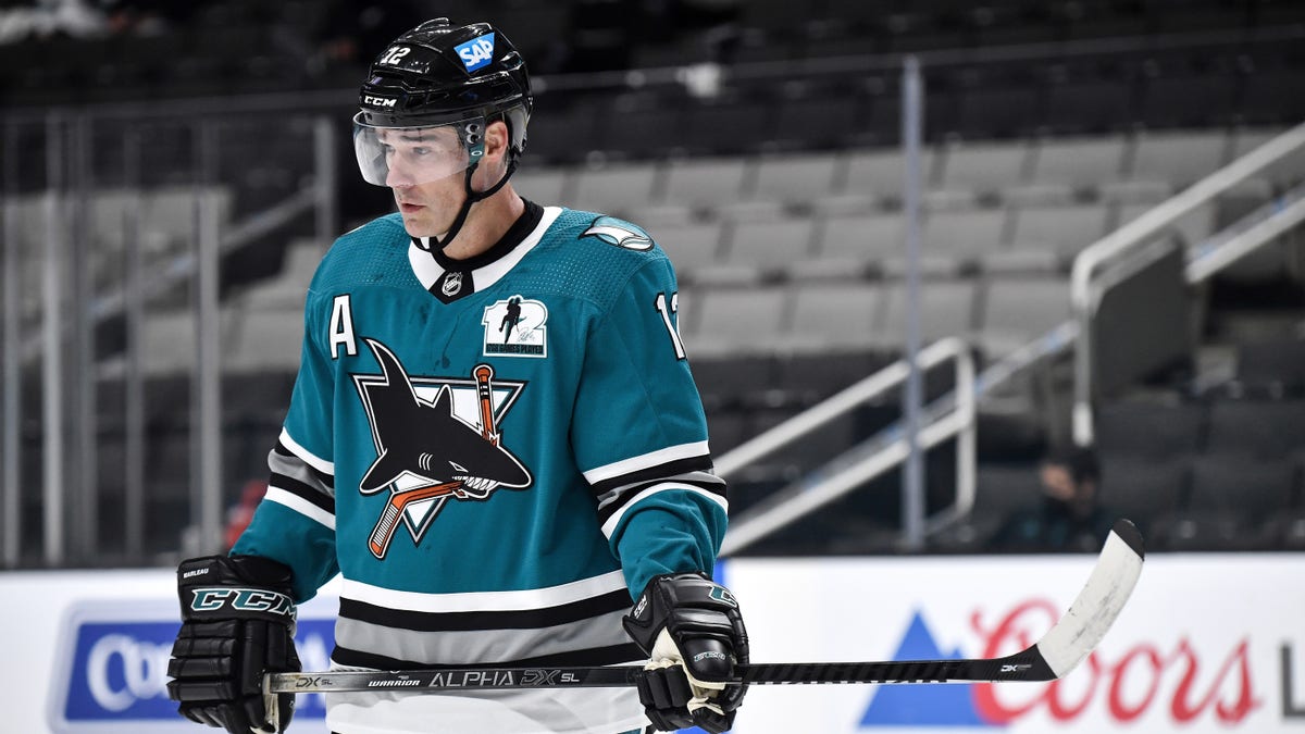 Patrick Marleau #12 of the San Jose Sharks prepares for the next play against the Minnesota Wild at SAP Center on April 24, 2021 in San Jose, California. 