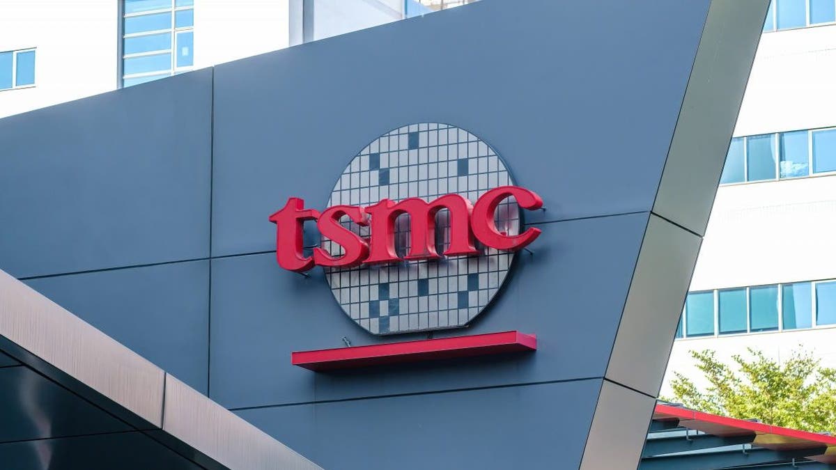 The TSMC logo seen on the Taiwanese semiconductor contract manufacturing and design company building in Hsinchu. 