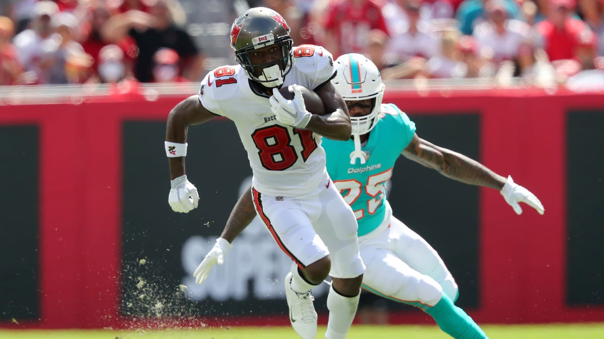 Tampa Bay Buccaneers wide receiver Antonio Brown (81) makes a catch and goes the distance for the score during the regular season game between the Miami Dolphins and the Tampa Bay Buccaneers on Oct. 10, 2021 at Raymond James Stadium in Tampa, Florida. 