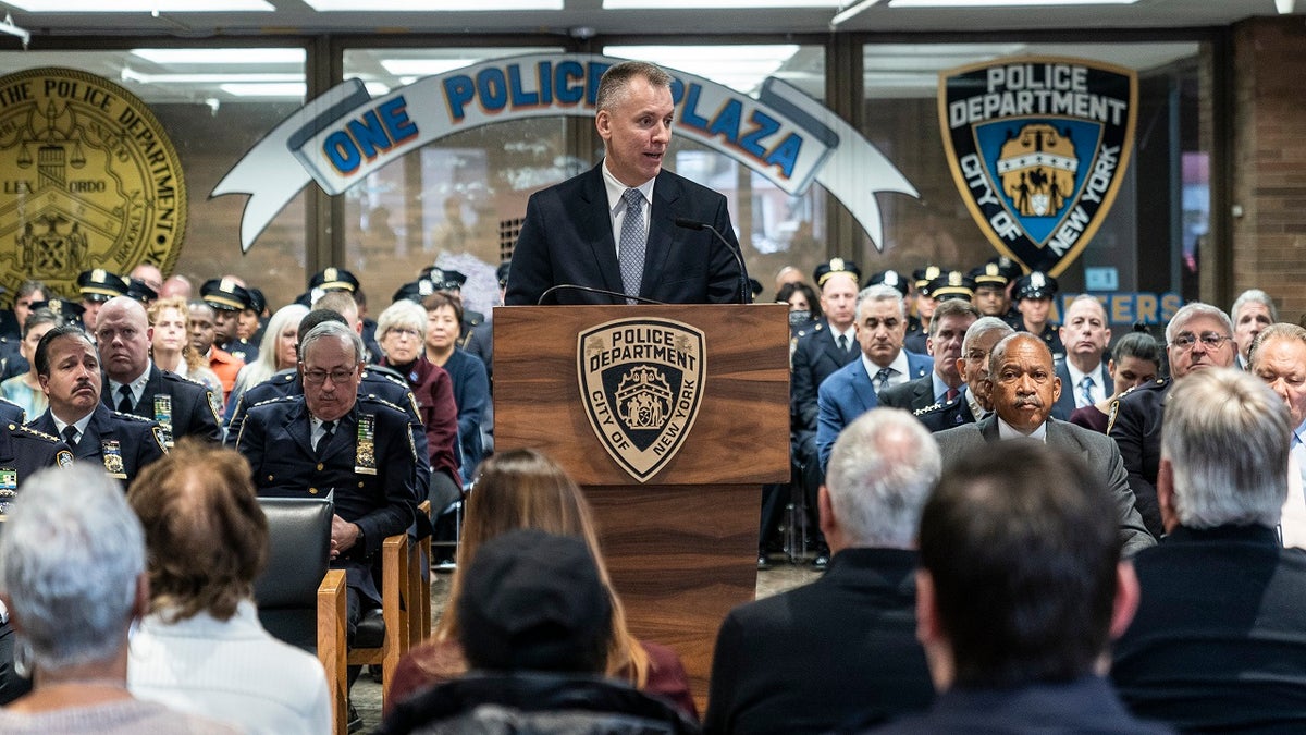 Police Commissioner Dermot Shea speaks during a memorial ceremony at One Police Plaza. 