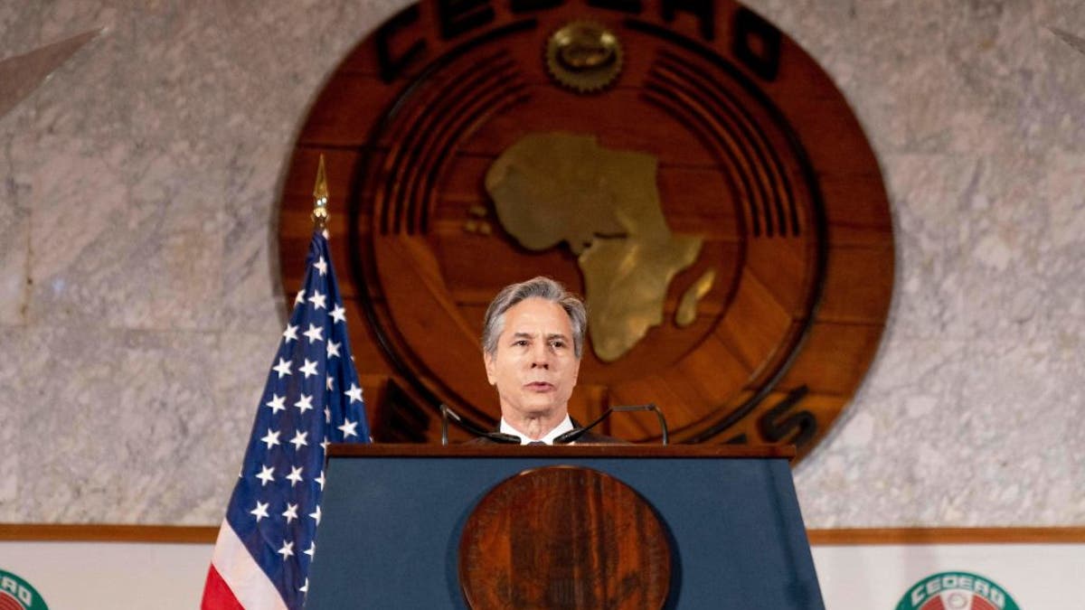 U.S. Secretary of State Antony Blinken gives a speech on U.S. Africa Policy at the Economic Community of West African States in Abuja, Nigeria, on Nov. 19, 2021. (ANDREW HARNIK/POOL/AFP via Getty Images)