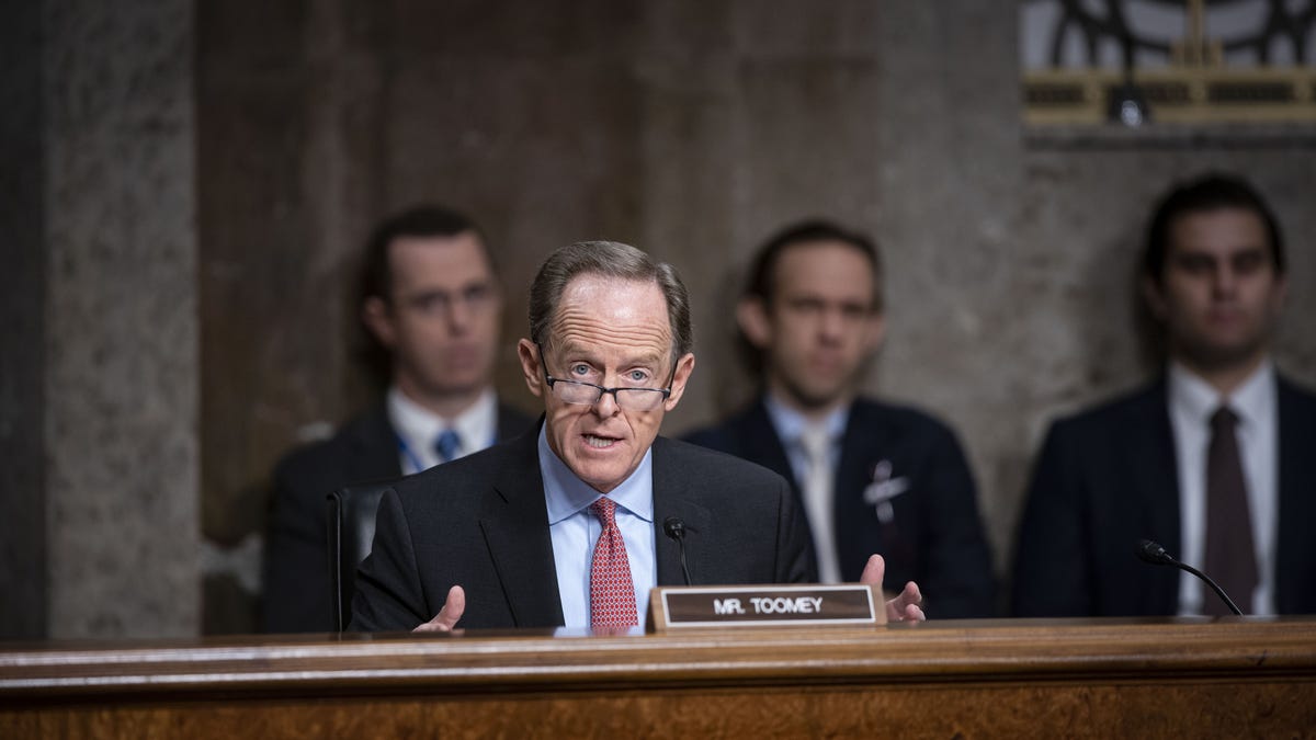 Sen. Pat Toomey, a Republican from Pennsylvania and ranking member of the Senate Banking, Housing, and Urban Affairs Committee, speaks during a hearing in Washington, D.C., on Tuesday, Nov. 30, 2021. 