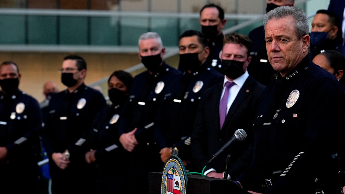 Los Angeles police Chief Michel Moore speaks to reporters about smash-and-grab robberies, Dec. 2, 2021. 