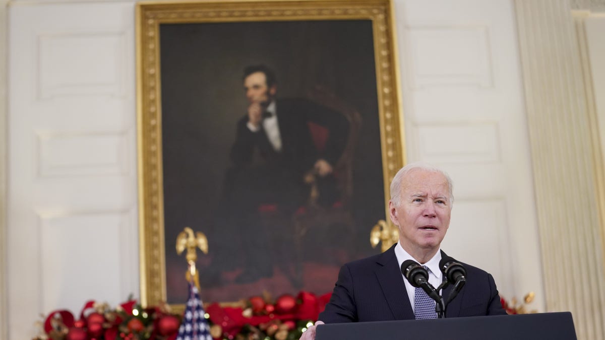 President Biden speaks on the November jobs report in the State Dining Room of the White House in Washington, D.C., on Friday, Dec. 3, 2021. 