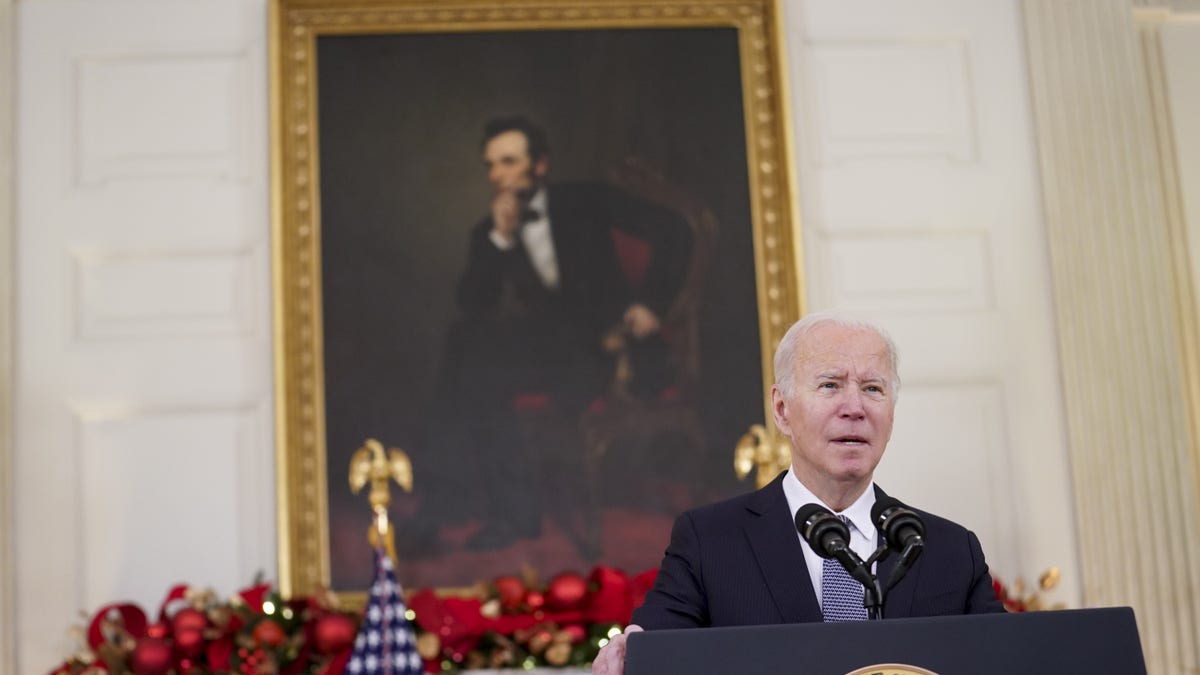 President Biden speaks on the November jobs report in the State Dining Room of the White House in Washington, D.C., on Friday, Dec. 3, 2021. 