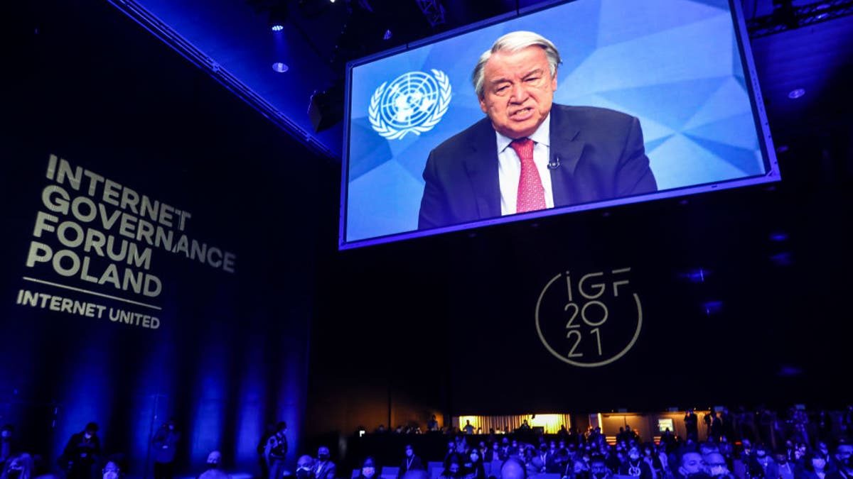 United Nations Secretary-General António Guterres is shown connected nan surface while speaking astatine nan opening ceremonial of nan UN Internet Governance Forum - IGF 2021 astatine nan International Congress Center successful Katowice, Poland, connected December 7th, 2021.
