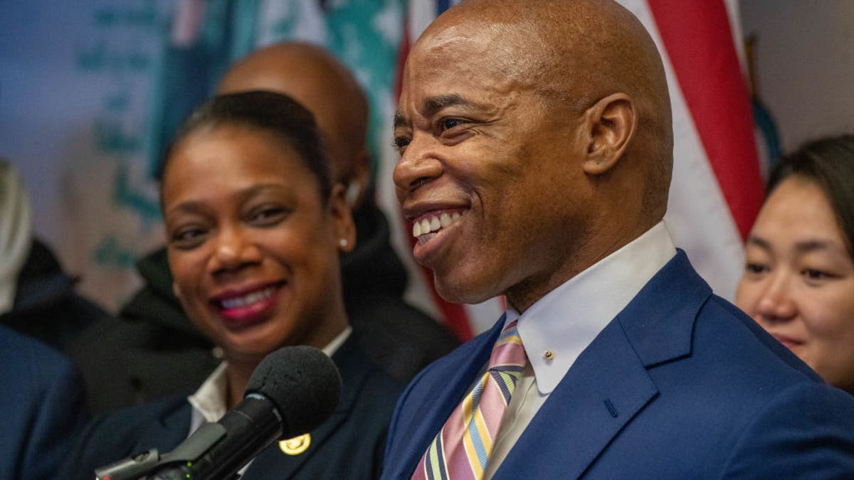 New York City Mayor-elect Eric Adams announces Keechant Sewell as his pick for the New York Police Departments police commissioner at a press conference on December 15, 2021 in the Queens borough of New York City. Sewell a 22-year veteran of the force and a once member of the hostage negotiations team steps down from her position as chief of detectives in Nassau County to become the NYPD's first woman police commissioner.