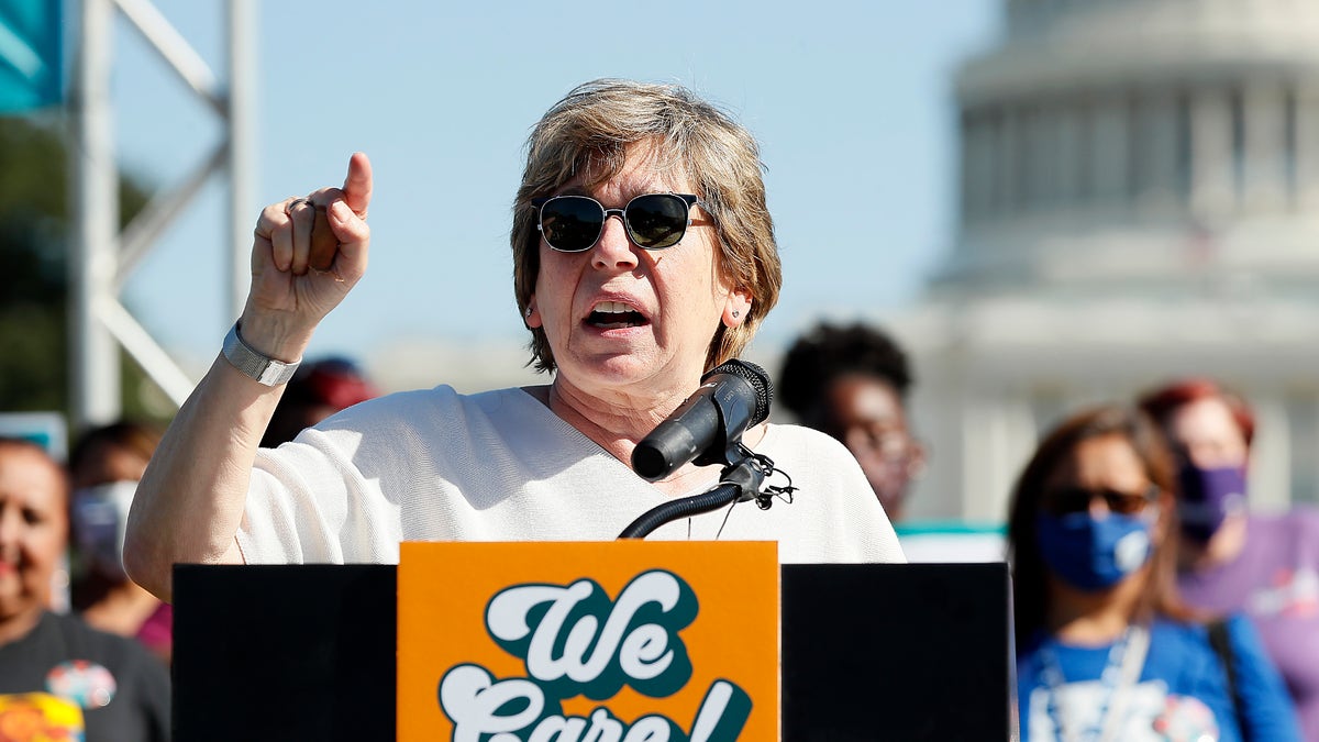 Randi Weingarten, president of the American Federation of Teachers, speaks at a press conference on Oct. 21, 2021, in Washington. (Paul Morigi/Getty Images for MomsRising Together)