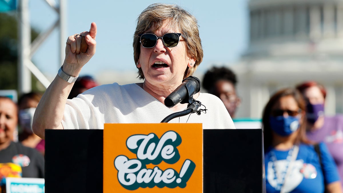 WASHINGTON, DC - OCTOBER 21: Randi Weingarten, president of the American Federation of Teachers, along with members of Congress, parents and caregiving advocates hold a press conference supporting Build Back Better investments in home care, childcare, paid leave and expanded CTC payments in front of the U.S. Capitol Building on October 21, 2021 in Washington, DC. (Photo by Paul Morigi/Getty Images for MomsRising Together)