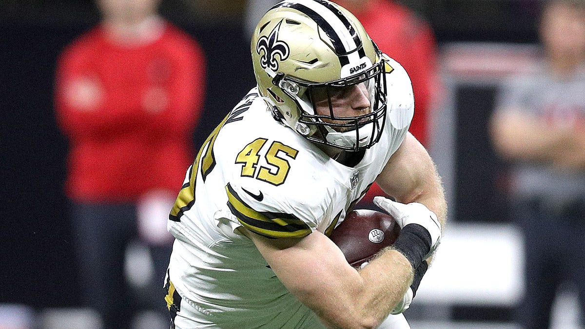Garrett Griffin of the Saints runs against the Tampa Bay Buccaneers on Oct. 31, 2021, in New Orleans, Louisiana. 