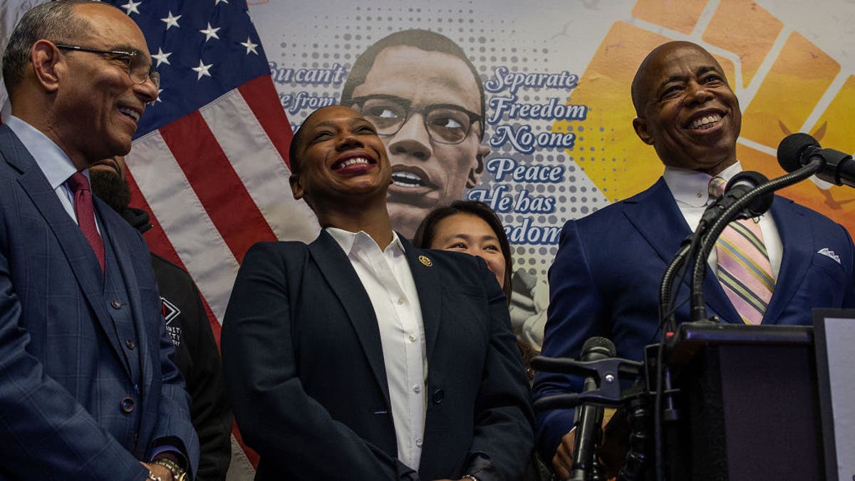 Eric Adams holds a press conference to introduce his choice for the new police commissioner, Keechant Sewell, on Dec. 15, 2021, in Queens, New York. (Andrew Lichtenstein/Corbis via Getty Images)