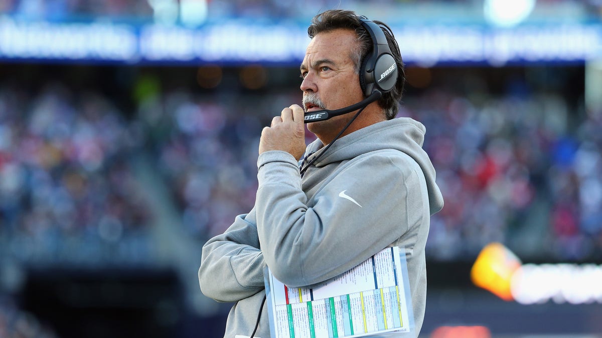 Head coach Jeff Fisher of the Los Angeles Rams looks on during the game against the New England Patriots at Gillette Stadium on December 4, 2016 in Foxboro, Massachusetts. 