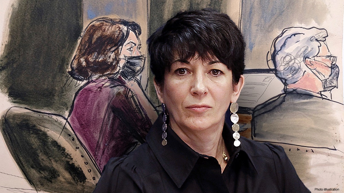 Ghislaine Maxwell combined with courtroom sketch of a masked Maxwell sitting on a chair