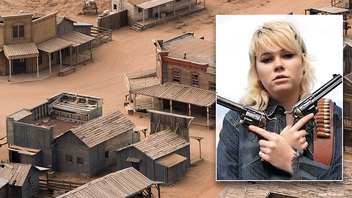 Aerial shot of "Rust" set photo inset of Hannah Gutierrez-Reed holding two revolvers