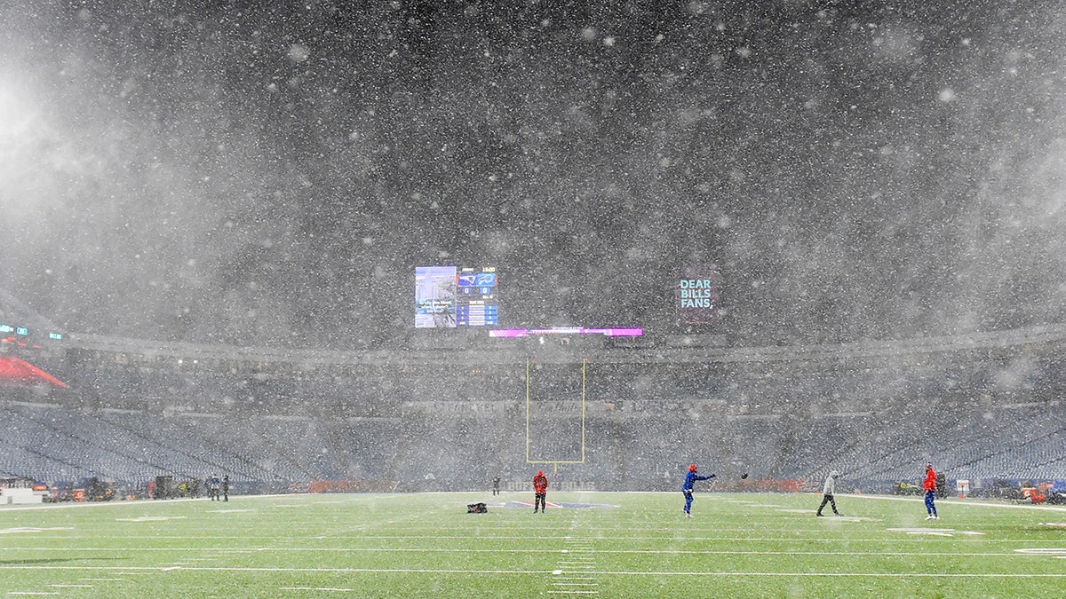 Dec 6, 2021; Orchard Park, New York, USA; Snow falls prior to the game between the New England Patriots and the Buffalo Bills at Highmark Stadium.
