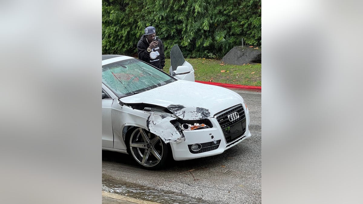 Flavor Flav's car was struck by a boulder while he was driving it from Las Vegas to Los Angeles.