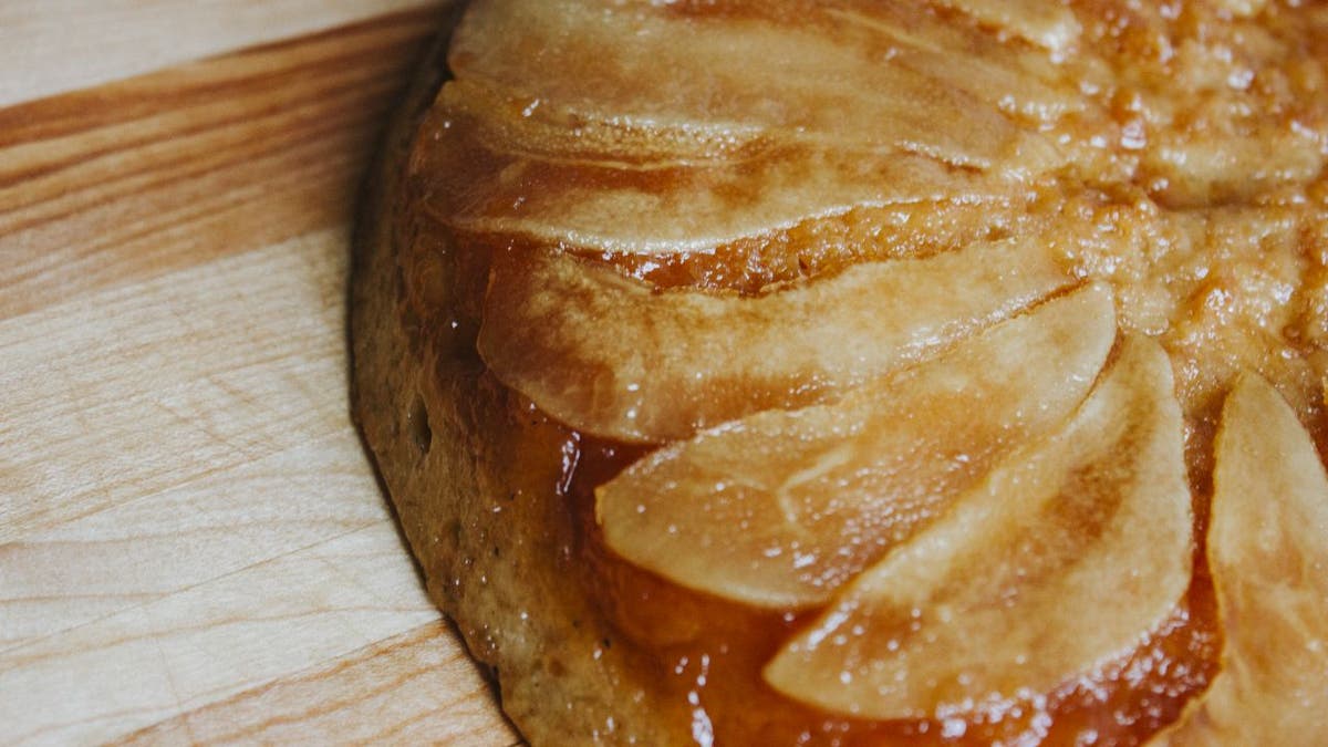 close-up pear upside-down cake Christmas dessert recipe