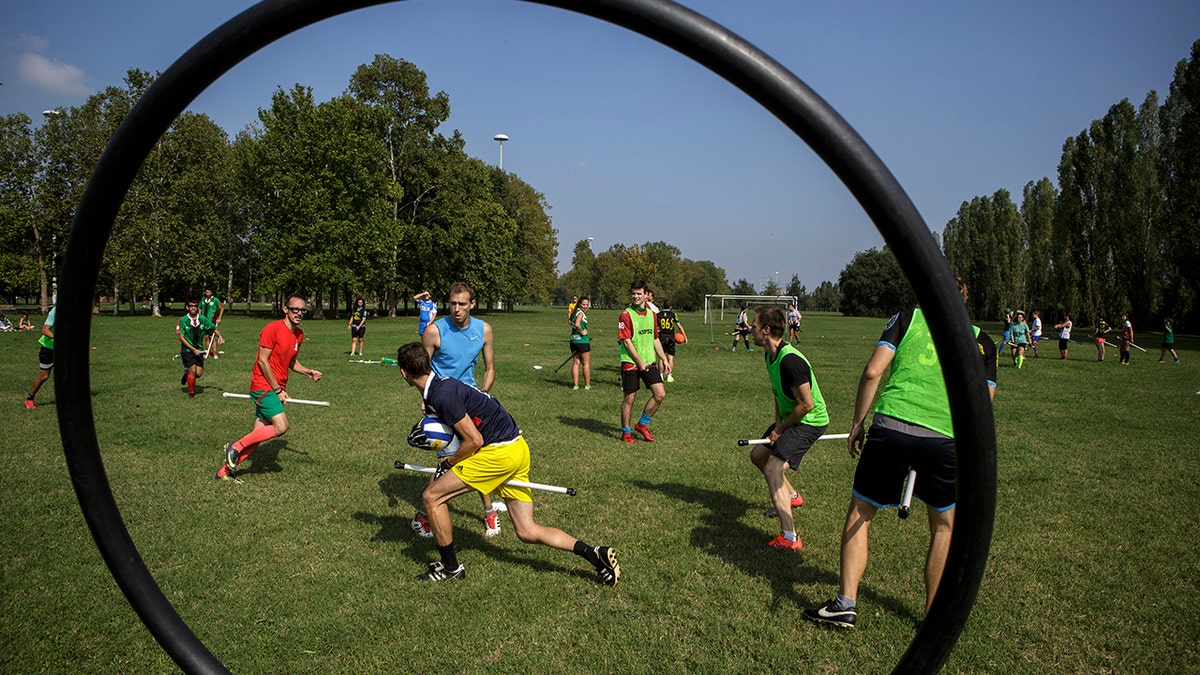 People practice quidditch during a boot camp?organized by the Italian National Quidditch Team at Parco di Trenno on Sept. 8, 2018 in Milan, Italy.