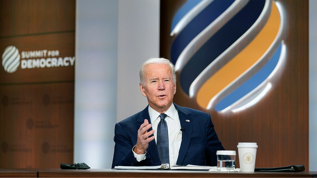 President Biden speaks from the South Court Auditorium on the White House complex in Washington, Thursday, Dec. 9, 2021, for the opening of the Democracy Summit. 