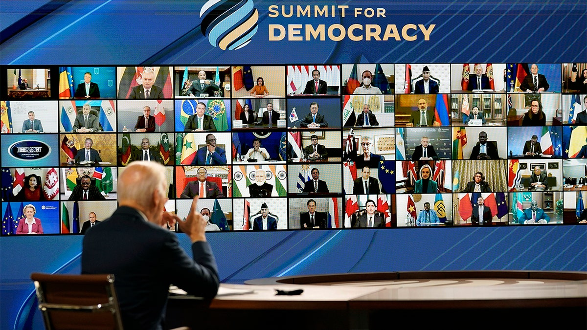 President Biden speaks from the South Court Auditorium on the White House complex in Washington, Thursday, Dec. 9, 2021, for the opening of the Democracy Summit. 