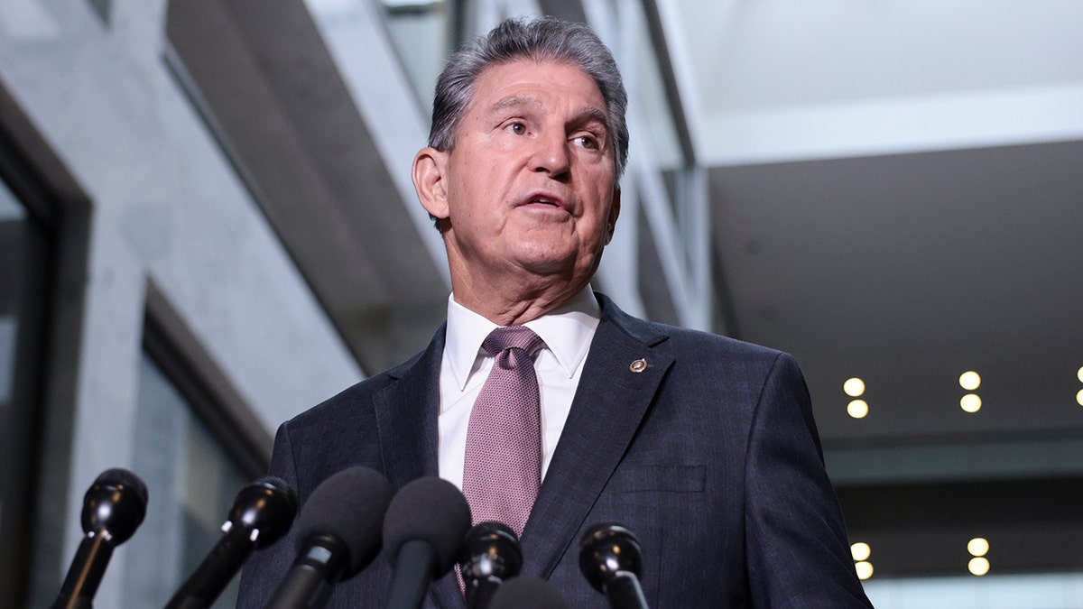 WASHINGTON, DC - Sen. Joe Manchin (D-WV) speaks at a press conference outside his office on Capitol Hill on October 06, 2021 in Washington, DC. Manchin spoke on the debt limit and the infrastructure bill.