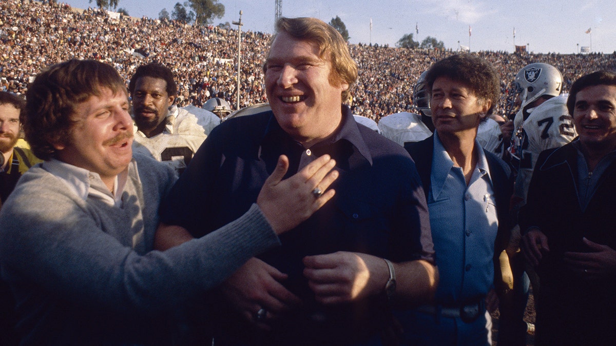 John Madden, head coach of the Oakland Raiders, celebrates after the Raiders beat the Minnesota Vikings in Super Bowl XI on Jan. 9, 1977, at the Rose Bowl in Pasadena, California. T