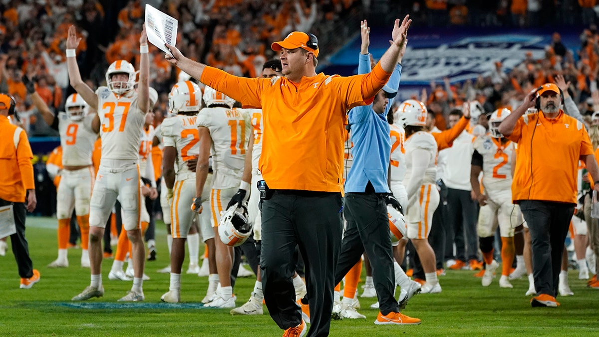 Tennessee head coach Josh Heupel reacts to the ruling that the Purdue defense stopped Tennessee running back Jaylen Wright short of the goal line in overtime of the Music City Bowl NCAA college football game Thursday, Dec. 30, 2019, in Nashville, Tennessee. 