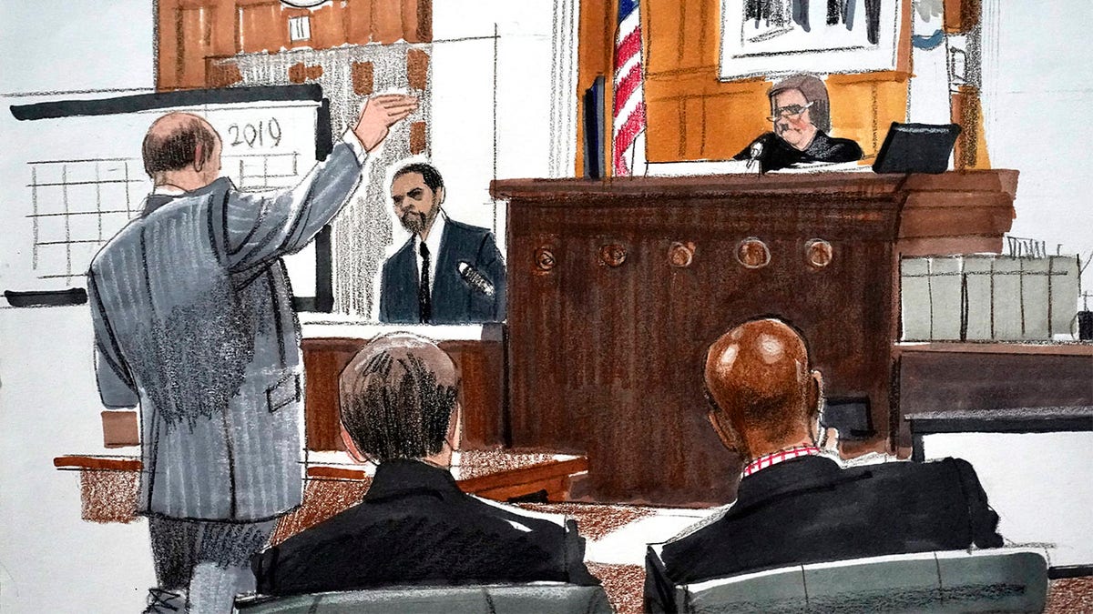 courtroom sketch, special prosecutor Dan Webb, left, cross examines actor Jussie Smollett