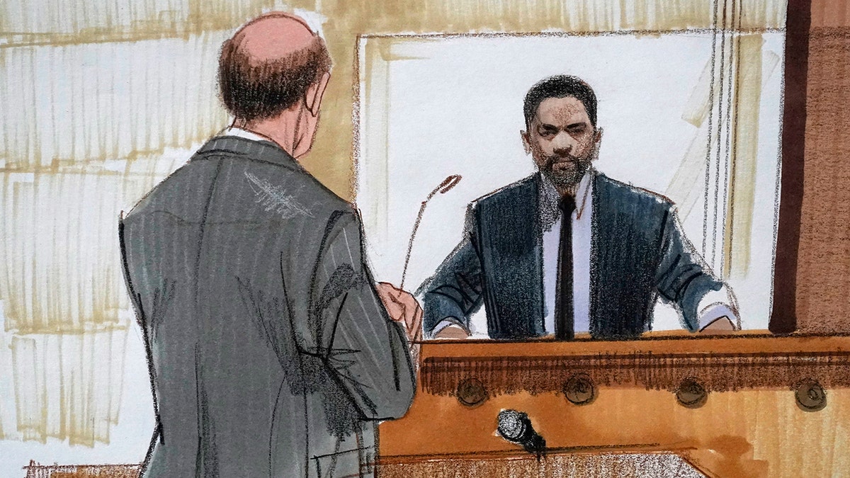 In this courtroom sketch, Special prosecutor Dan Webb, cross-examines actor Jussie Smollett 
