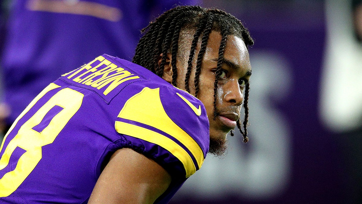 Justin Jefferson of the Minnesota Vikings warms up before the game against the Pittsburgh Steelers at U.S. Bank Stadium on Dec. 9, 2021, in Minneapolis, Minnesota. 