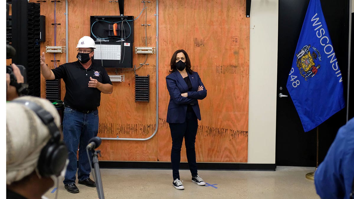 Democratic U.S. vice presidential nominee Sen. Kamala Harris tours the International Brotherhood of Electrical Workers (IBEW) training facility in Milwaukee, Wisconsin, Sept. 7, 2020. 