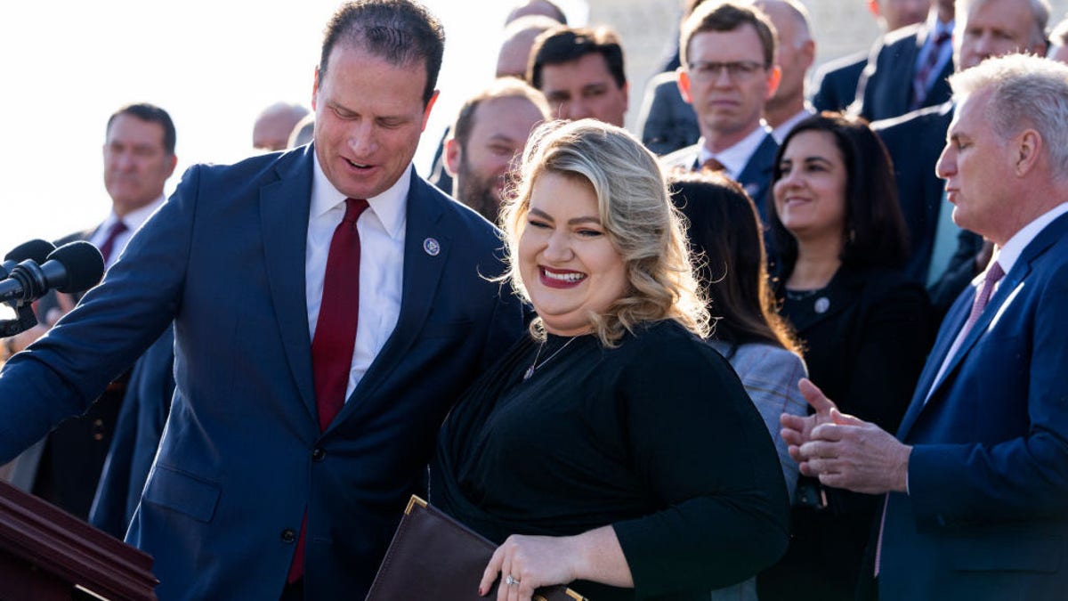 UNITED STATES - NOVEMBER 17: Reps. Kat Cammack, R-Fla., and August Pfluger, R-Texas, attend a rally on the House steps of the U.S. Capitol to oppose the Build Back Better Act, on Wednesday, November 17, 2021. Cammack was endorsed by E-PAC in 2020 and won election. (Photo By Tom Williams/CQ-Roll Call, Inc via Getty Images)