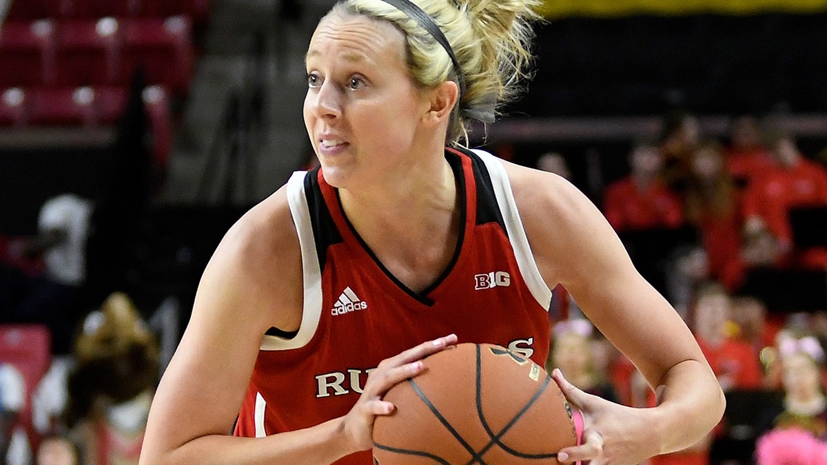COLLEGE PARK, MD - FEBRUARY 01:  Kathleen Fitzpatrick #10 of the Rutgers Scarlet Knights handles the ball against the Maryland Terrapins at Xfinity Center on February 1, 2018 in College Park, Maryland. 