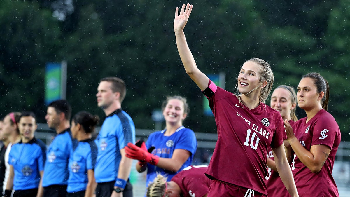Kelsey Turnbow (10) of the Santa Clara Broncos is introduced before their game against the Florida State Seminoles during the Division I Women's Soccer Championship held at Sahlens Stadium at Wakemed Soccer Park May 17, 2021, in Cary, North Carolina.