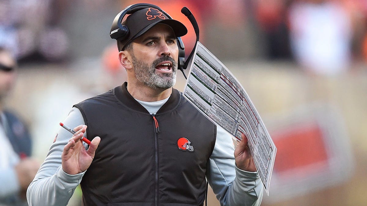 Cleveland Browns head coach Kevin Stefanski reacts during the second half of an NFL football game against the Baltimore Ravens, Sunday, Dec. 12, 2021, in Cleveland.